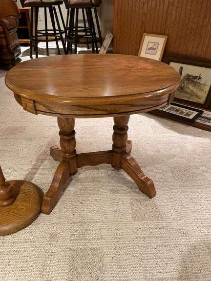 Basement. Wooden base standing lamp and matching small side table approximately 24 inches tall.