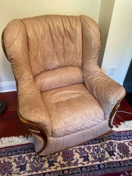 Den. Ligne Mur furniture. Sofa and two side chairs in leather..  Some loss.  Very high end designer brand.  Family says these were imported from Luxembourg.