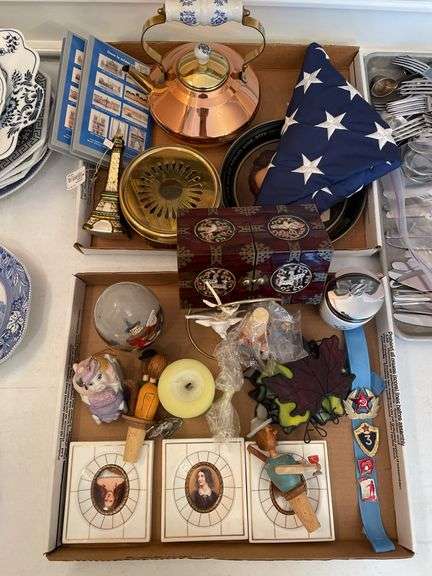 Dining room. Two trays of collectible miscellaneous. Soviet style pins. Unique mini chest. And more.