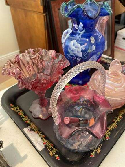 Living room. Tray of colored glass featuring Fenton.