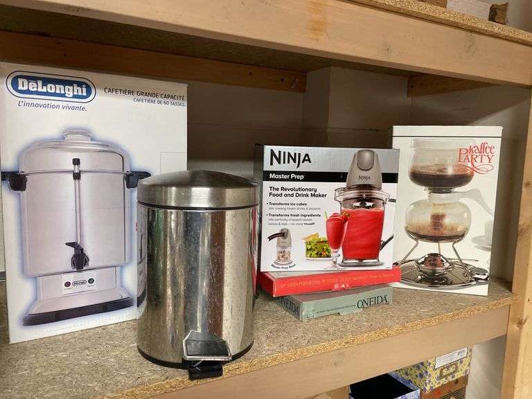 Lot includes coffee, warmer, new ninja, master prep, wastebasket.
