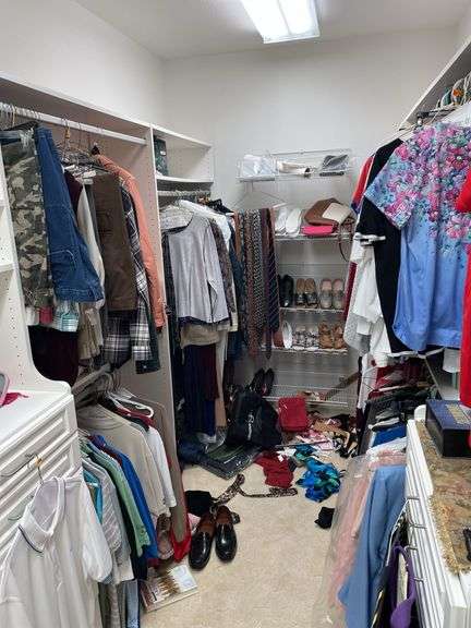 Contents of master bedroom closet includes men’s extra large shirts, xl Golf shirts, men’s 38 inch waist, slacks, salmon colored leather coat, sweaters, hats, ties, ladies, shoes, ladies, clothing, size, large, sweaters, some books. Take what you want. Leave the rest.