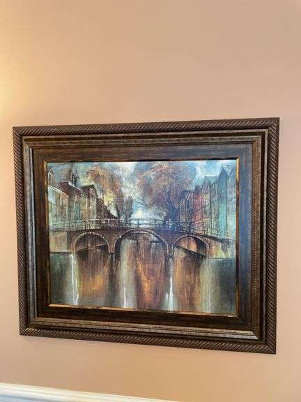 Dining. 38 x 31” framed print of Dutch Canal.