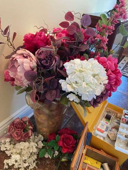 Entryway. Sewing essentials and pho flowers.