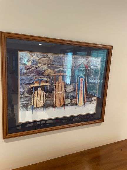 Sled print framed and matted under glass approximately 34 inches wide