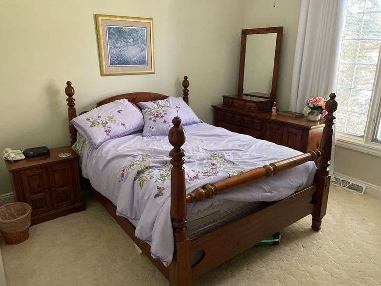 Pennsylvania house queen bedroom set. Includes queen size bed frame mattress. Standing dresser. Dresser with mirror. Nightstand.  and miscellaneous.  Linens. Clean pet free home