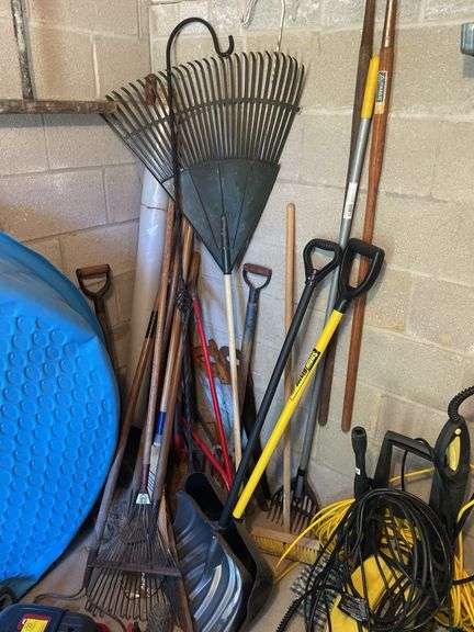 All hand tools in corner of garden room. Nice pitchfork, shovels, great items. All for one money.