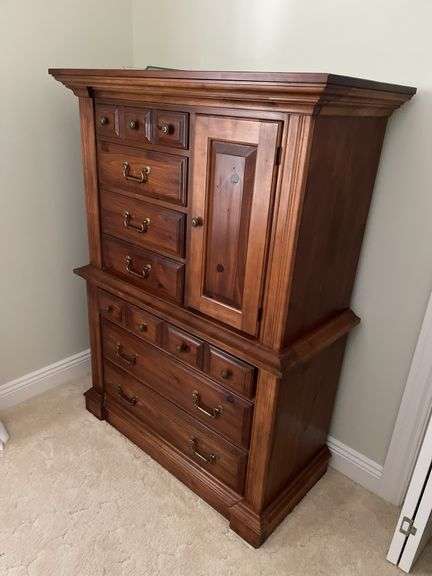 Pennsylvania house queen bedroom set. Includes queen size bed frame mattress. Standing dresser. Dresser with mirror. Nightstand.  and miscellaneous.  Linens. Clean pet free home