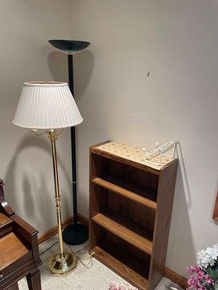 Brass floor lamp, halogen lamp, and bookshelf all for one money