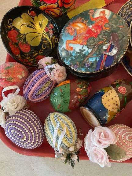 Entryway. Russian themed decor. Featuring Russian doll. Pusunki eggs.. Orthodox style art.