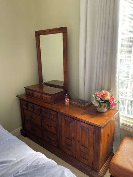 Pennsylvania house queen bedroom set. Includes queen size bed frame mattress. Standing dresser. Dresser with mirror. Nightstand.  and miscellaneous.  Linens. Clean pet free home
