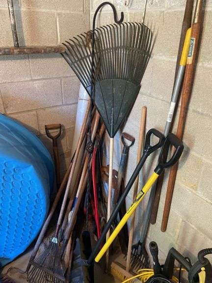 All hand tools in corner of garden room. Nice pitchfork, shovels, great items. All for one money.