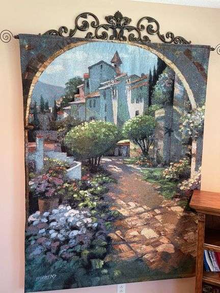 Sunroom. 78 x 58” tapestry with mounting bracket. Displaying Venetian Village scene.