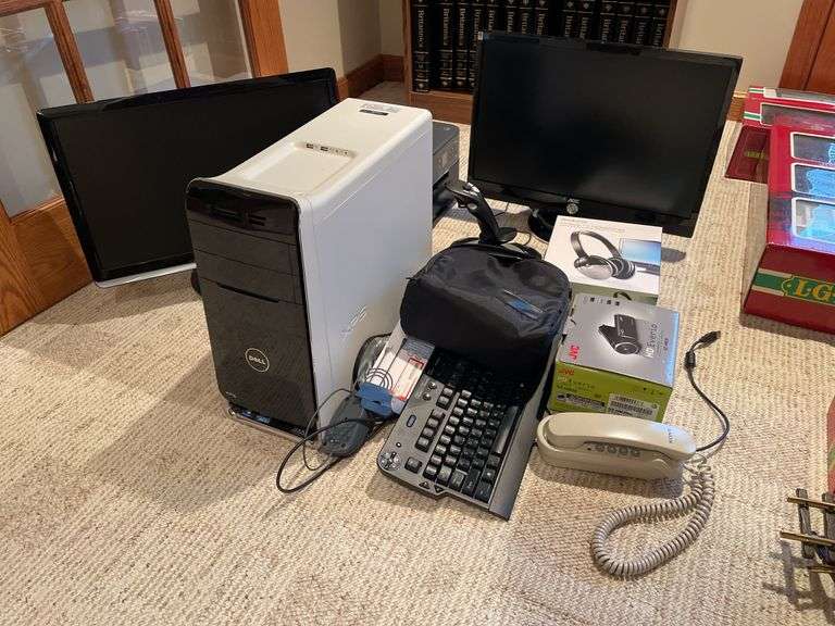 Nice lot of computers and electronic accessories, including hand, controller, monitor, and printer.