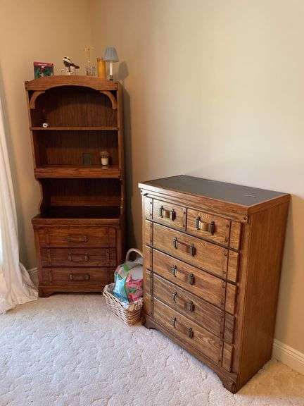 Quality twin bedroom set. Two single beds with frame and Sealy Posturepedic mattresses and bedding. Matching dresser, nightstand, bookshelf cabinet. Includes lamp on nightstand and miscellaneous items in drawers and shelves.