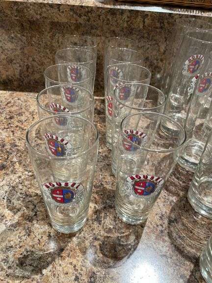 Basement. Beer, glasses, and vintage pillsner glasses.
