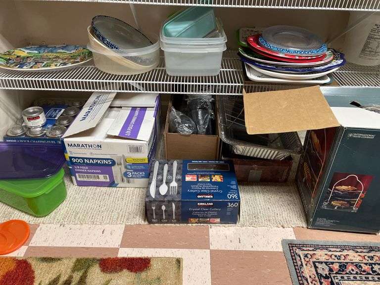 Large catering lot includes chafing, dishes, paper, products, storage containers, plastic cups take what you want leave the rest