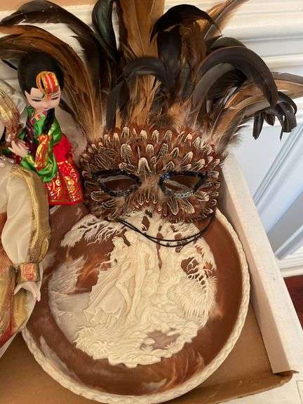 Dining room. Asian style dolls. Wedgewood style plate. Masquerade mask, and mini chair.
