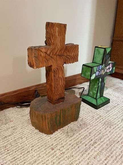 Basement. Two crosses one lights up the other carved from wood. Approximately 12 and 16 inches tall.