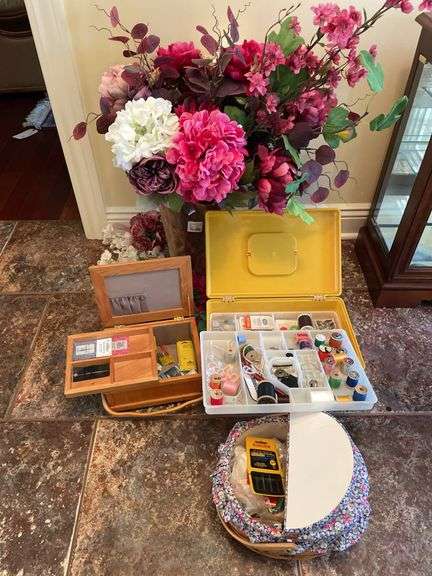 Entryway. Sewing essentials and pho flowers.