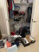 Bedroom. Contents of bedroom closet. Men’s clothing, extra large shirts, polos and button ups suit jackets, mostly size 48. Some linens, shoes, pillows, miscellaneous.