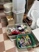 Large lot of beanie babies, includes two wrapping paper, tubs, toy, windmill.