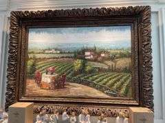 Living room. Approximately 48 x 36” oil on canvas painting of Italian countryside with ornate frame.