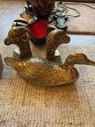Cool decorative lot includes brass bookends, duck, barometer, vintage radio.