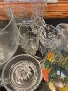 Nice lot￼ of glass, including vintage, lemon juicer, and hand painted pitcher.
