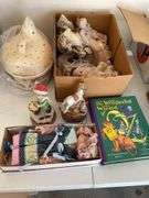 Lighted, angel nativity, pop-up book, doll, music box, figurines, and covered Easter hen.