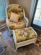 Sunroom. Lot of quality wicker furniture. Including loveseat. Two side chairs with Ottomans. Glass top wicker side tables. Includes floral cushions in good shape. With two matching lamps.