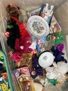 Large lot of beanie babies, includes two wrapping paper, tubs, toy, windmill.