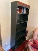 Den. Bookshelf. Green finish; Approximately 73 inches tall and 30 inches wide. Well made and contains a few classic books.