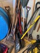 All hand tools in corner of garden room. Nice pitchfork, shovels, great items. All for one money.