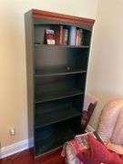 Den. Bookshelf. Green finish; Approximately 73 inches tall and 30 inches wide. Well made and contains a few classic books.