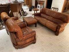 Basement. Assuming Ligne Mur. Well-made leather furniture, set sofa two side, chairs and ottomans. (One ottoman found later not pictured) Some Loss review the photos. But high quality furniture set.