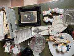 Table top of vintage items includes coffee maker, shadowbox, take what you want leave the rest.