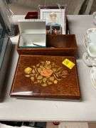 Ornate inlaid  box includes miscellaneous.