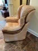 Den. Ligne Mur furniture. Sofa and two side chairs in leather..  Some loss.  Very high end designer brand.  Family says these were imported from Luxembourg.