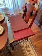 Dining room. Dining room table with leaf and cover. Includes six matching chairs. Only One captains chair.. Not including contents. Chairs may be different maker than table.