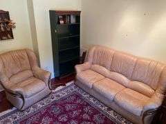 Den. Ligne Mur furniture. Sofa and two side chairs in leather..  Some loss.  Very high end designer brand.  Family says these were imported from Luxembourg.