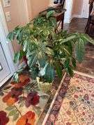 Sunroom. Two floral rugs. With decor and faux plant. Vases basket and faux plants.