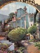 Sunroom. 78 x 58” tapestry with mounting bracket. Displaying Venetian Village scene.