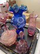 Living room. Tray of colored glass featuring Fenton.