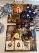 Dining room. Two trays of collectible miscellaneous. Soviet style pins. Unique mini chest. And more.