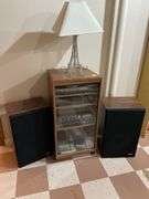 Basement. Vintage audio. Do CS 514. Technics equalizer SH – 8028. Fisher cassette deck. Technics receiver. Fisher speakers. In cabinet with other miscellaneous audio items. Includes wire Eiffel Tower Lamp