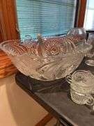 Punch bowl with miscellaneous cups and glass ￼