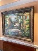 Dining room. Framed large oil painting on canvas. 58 x 47”. Depicting Italian village Street.