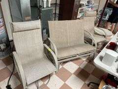 Nice outdoor set includes two rockers and glider and small resin table. Basement.