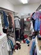 Contents of master bedroom closet includes men’s extra large shirts, xl Golf shirts, men’s 38 inch waist, slacks, salmon colored leather coat, sweaters, hats, ties, ladies, shoes, ladies, clothing, size, large, sweaters, some books. Take what you want. Leave the rest.
